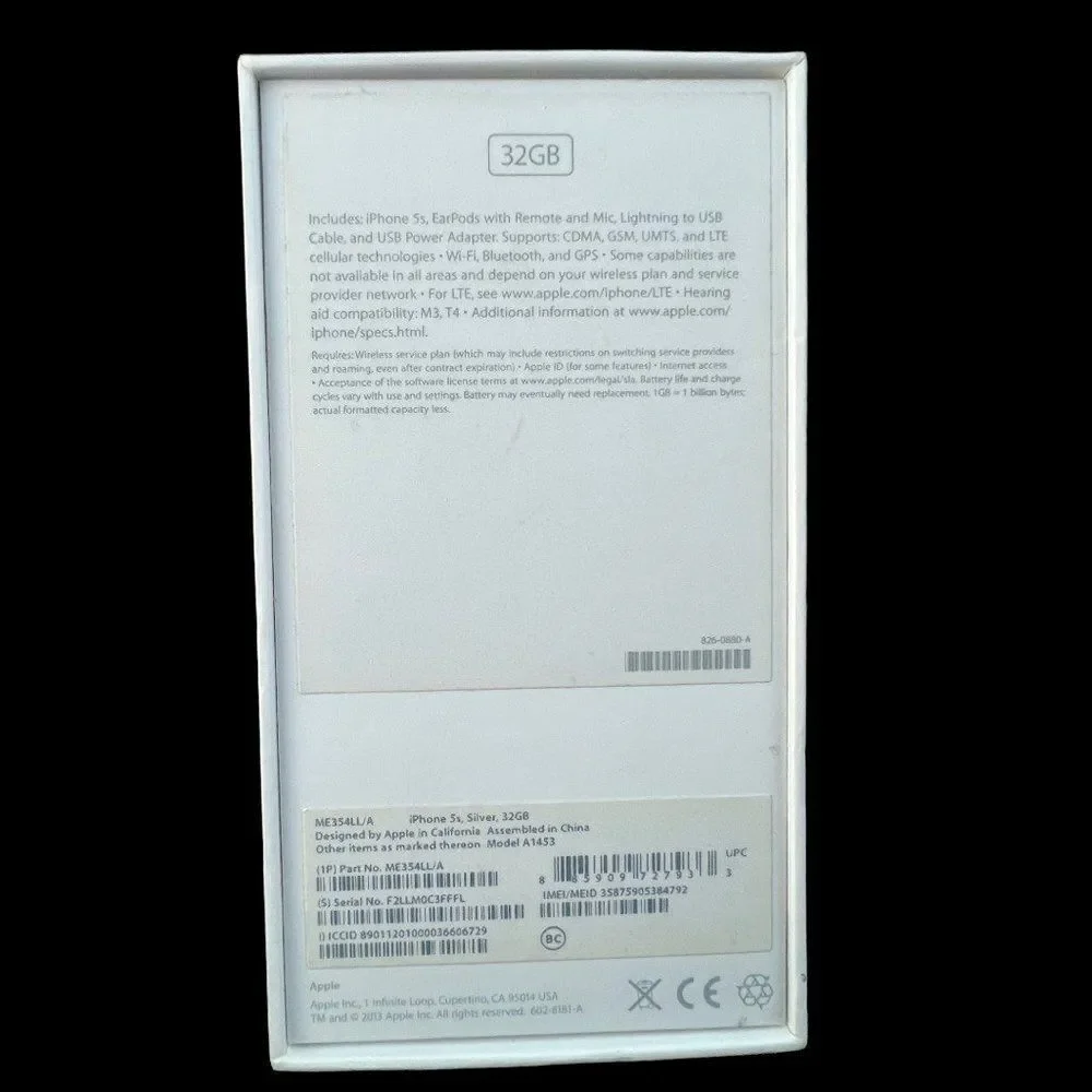 Vintage EMPTY BOX ONLY Apple iPhone 5s Silver With Instructions‎ And Stickers